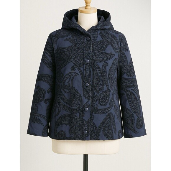 Chico’s Zenergy Women’s XL Blue Black Paisley Flocked Jacket Coat Fall - Picture 2 of 6